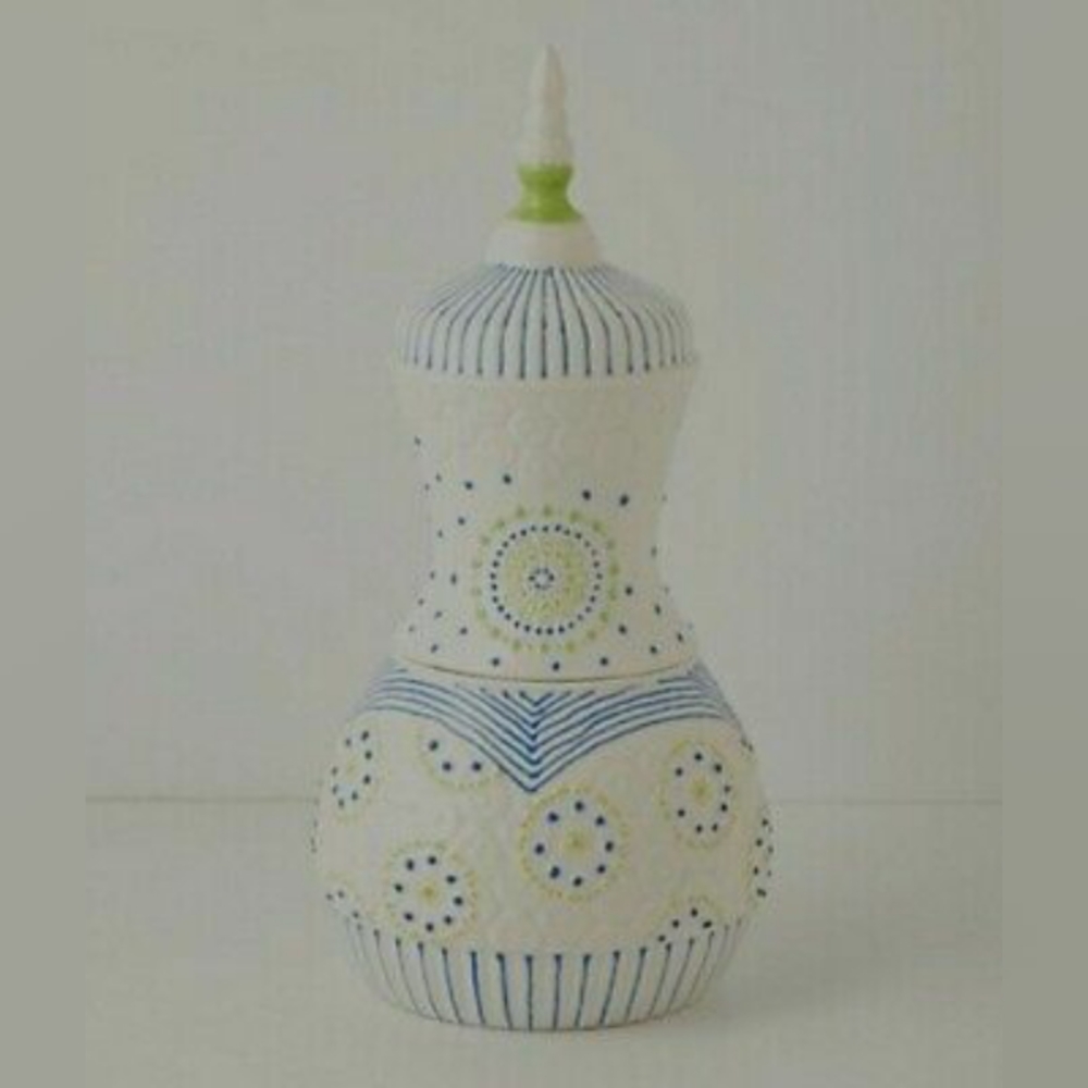 NWD Rare Anthropologie Merriweather Cookie Jar Pear White Blue Green Yellow